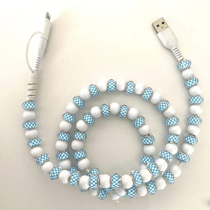 Bluejw 2-in-1 Plaid Beaded Fast Charger Cord 1M, Type-C USB & Lightning, Cute Pearl Phone Charging Cable for iPhone/Android, Car/Computer Compatible, Automobile Charger Gift - Image 1